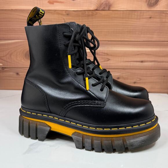 Dr. Martens Audrick Boot Black Leather Yellow Stitch Platform Women's size 8 - Picture 6 of 16